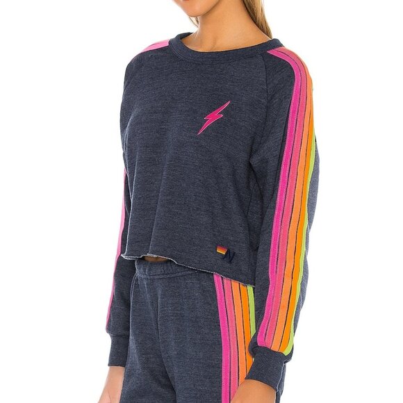 Aviator Nation Bolt Embroidery Cropped Crew Sweatshirt Heather Navy Neon Stripe - Picture 3 of 11